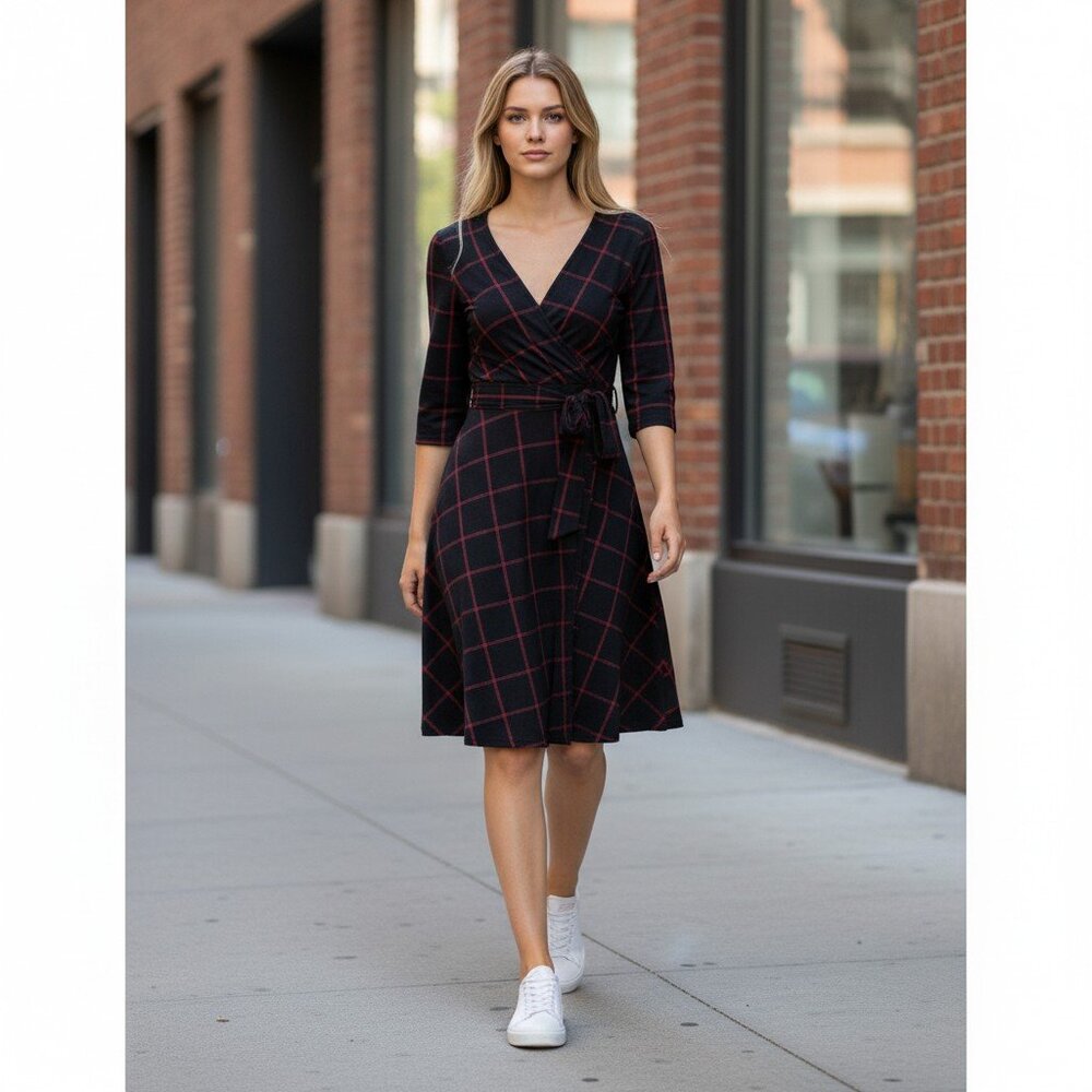 DKNY Plaid Elbow Sleeve Fit and Flare Black Red Dress 4 NWT